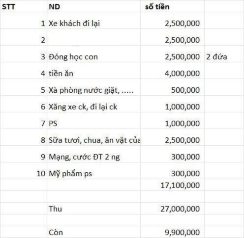 Bảng chi tiêu hàng tháng do cô chia sẻ