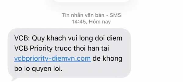 Người dùng Vietcombank đặc biệt cảnh giác khi nhận tin nhắn sau