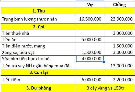 Bảng chi tiêu do cô đăng tải