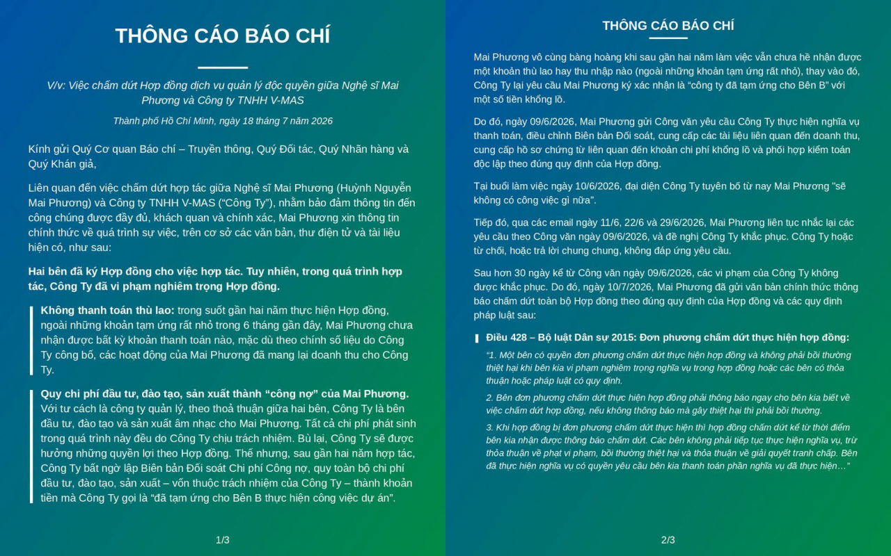 Hoa hậu Mai Phương đăng thông báo cho biết công ty cũ bắt ký công nợ với số tiền khổng lồ, cô không nhận thù lao tương ứng với công việc trong 2 năm qua