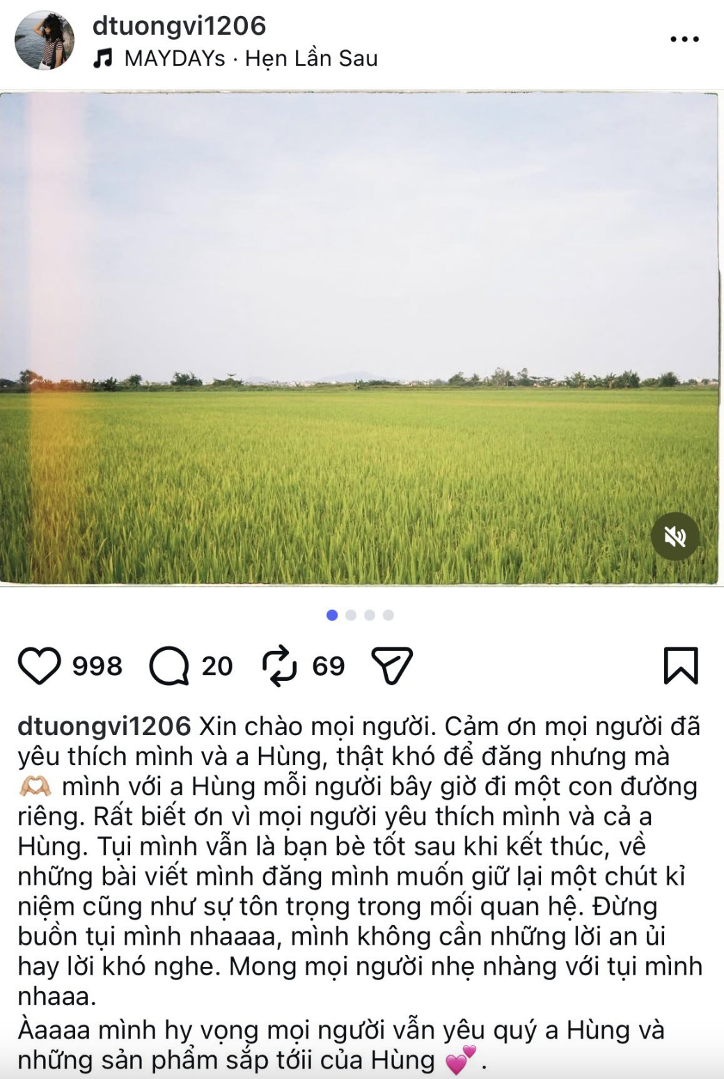 Hồi tháng 3/2026, bạn gái cũ của Nguyễn Hùng đăng thông báo chia tay. Thế nhưng hiện tại bài viết này đã