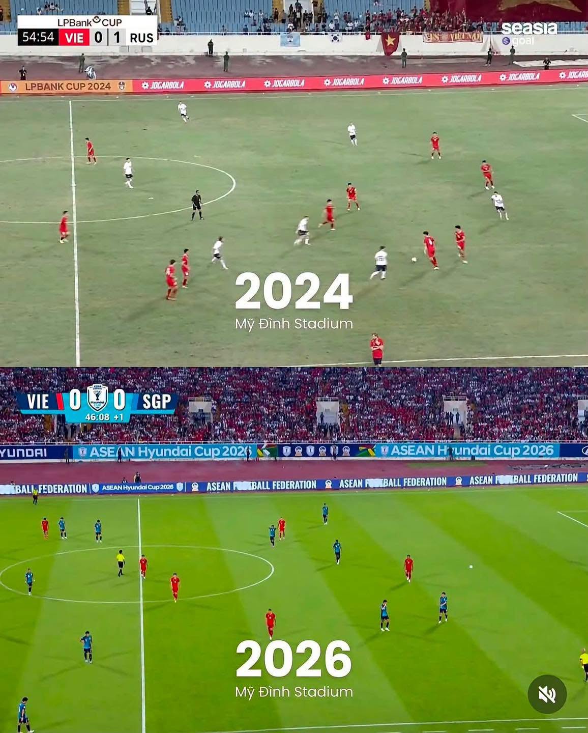 Trang tin của Indonesia đăng ảnh so sánh mặt cỏ sân Mỹ Đình năm 2024 và 2026 (Ảnh: Seasia Goal)