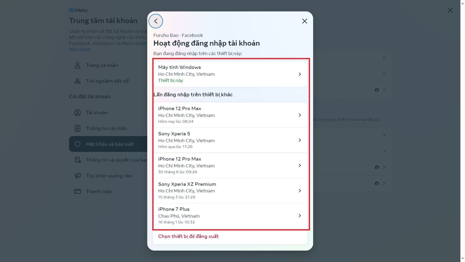 Cách kiểm tra lịch sử đăng nhập tài khoản Facebook trên máy tính. (Ảnh chụp màn hình)