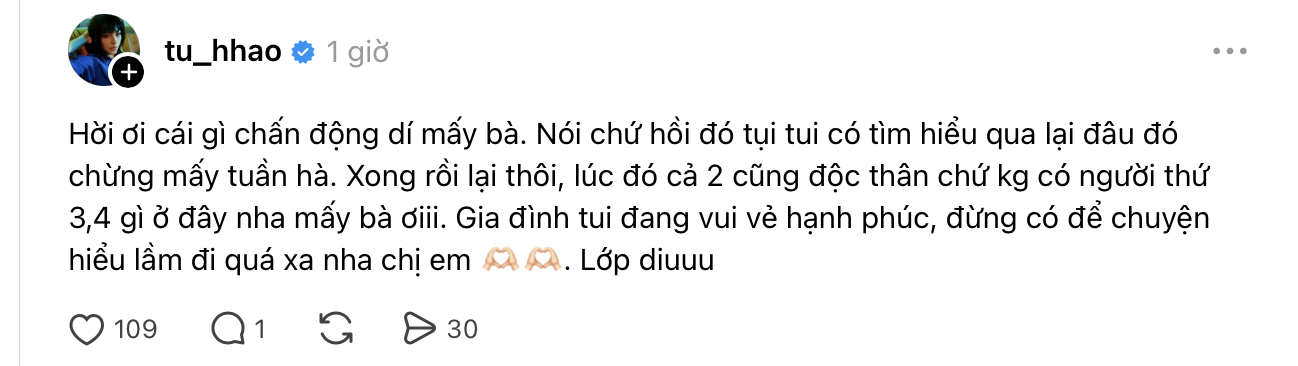 Tú Hảo lên tiếng tin đồn là người thứ 3 xen vào hạnh phúc của Hồng Thanh và Mie