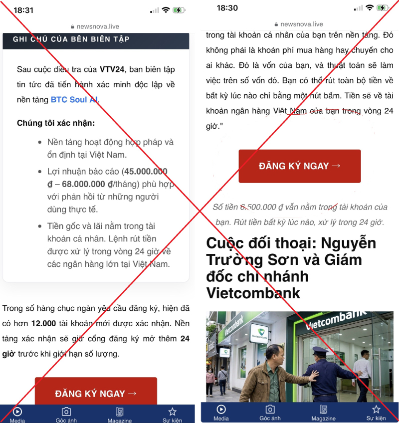 Hình ảnh bài viết giả mạo có nội dung dẫn dụ người đọc đăng ký và nạp tiền (Ảnh: Vietcombank)