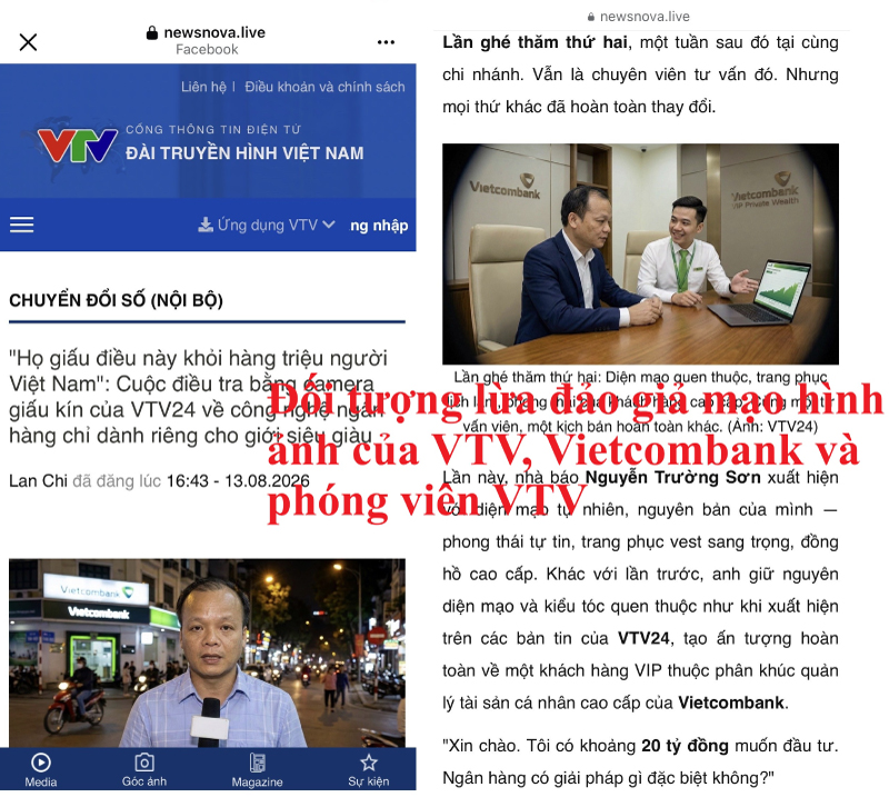 Đối tượng sử dụng hình ảnh giả mạo VTV, Vietcombank và phóng viên VTV để tạo lòng tin (Ảnh: Vietcombank)