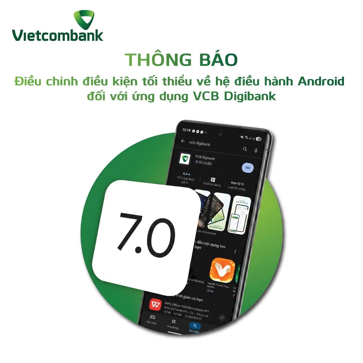 Vietcombank thông báo ngừng cung cấp dịch vụ đối với các thiết bị hạy Android dưới 7.0 (Ảnh: Vietcombank)