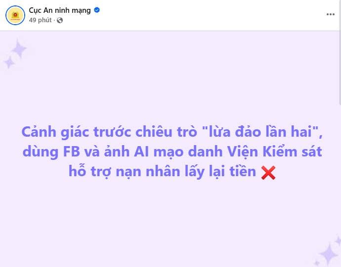 Cục An ninh mạng cảnh báo người dân trước chiêu trò lừa đảo trên Facebook (Ảnh chụp màn hình)