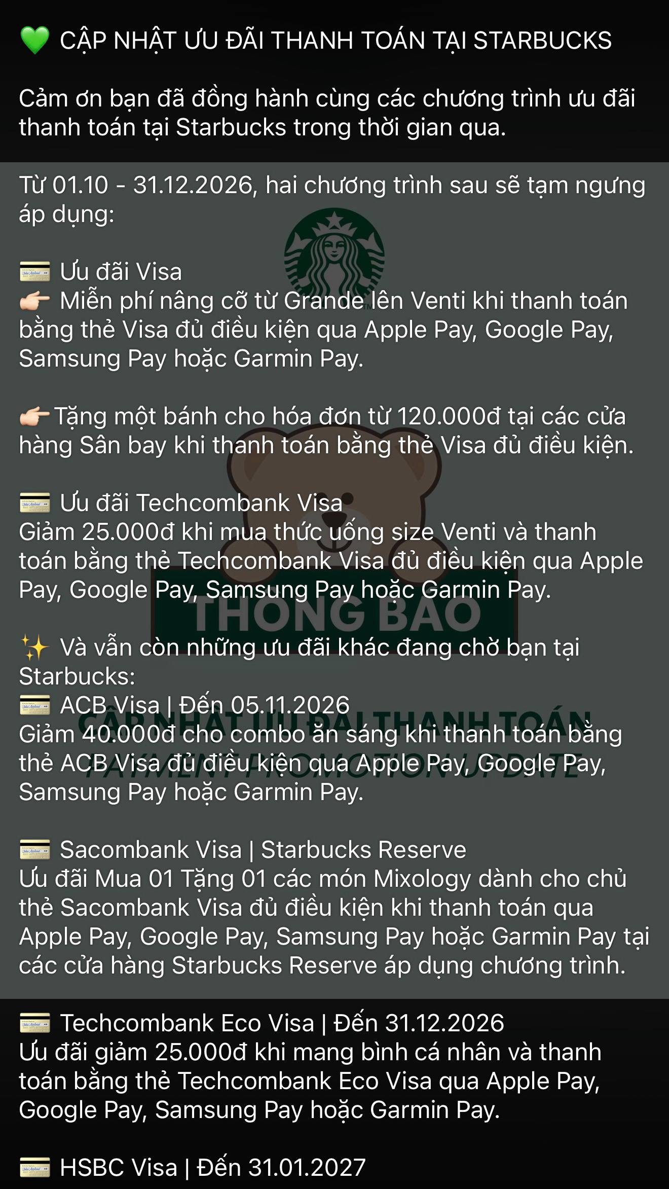 Starbucks tạm ngưng loạt ưu đãi thanh toán bằng Visa, Techcombank từ tháng 10, khách hàng cần phải làm gì?