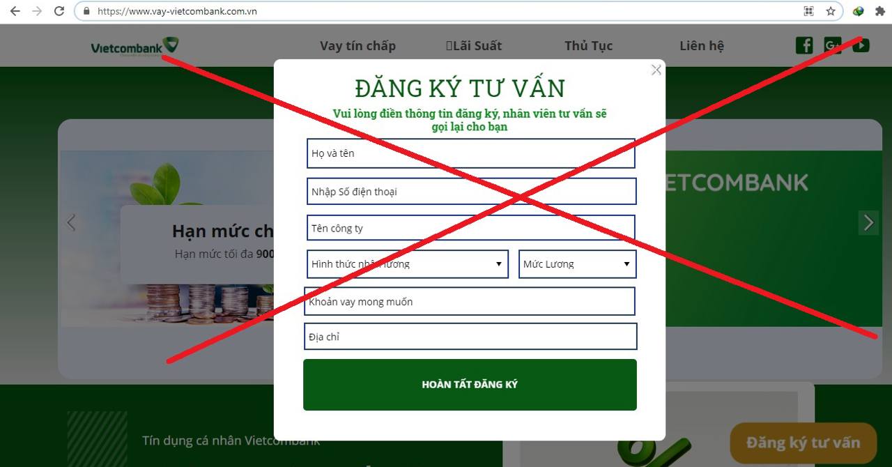 Một trang web giả mạo Vietcombank yêu cầu thông tin khách hàng (Ảnh: Vietcombank)