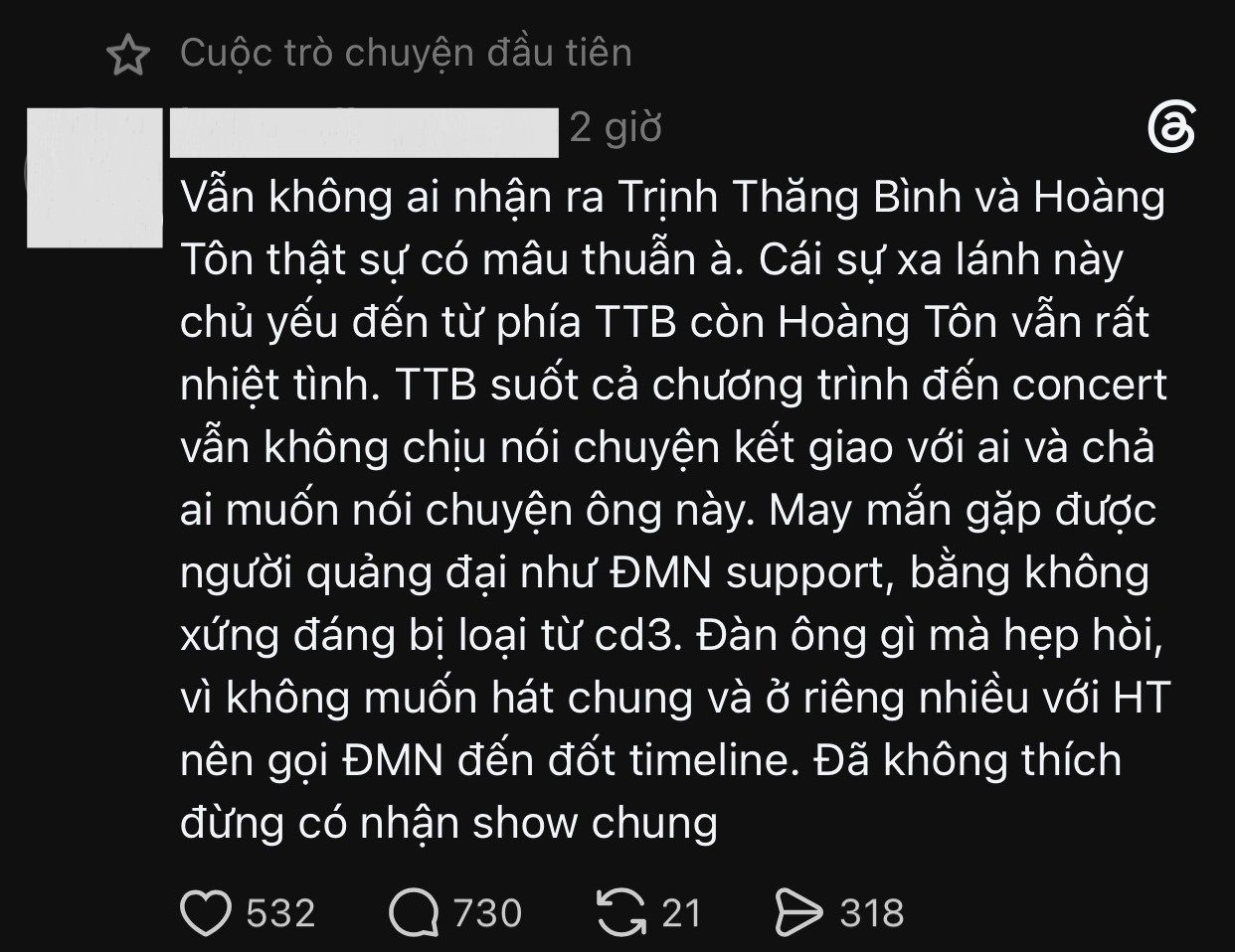 Threads bất ngờ xuất hiện bài đăng gọi thẳng tên Trịnh Thăng Bình và Hoàng Tôn, liệt kê các dẫn chứng để cho rằng cả hai có mâu thuẫn