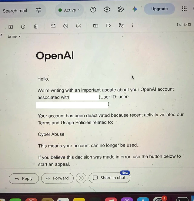 Email của OpenAI thông báo tài khoản bị vô hiệu hóa với lý do