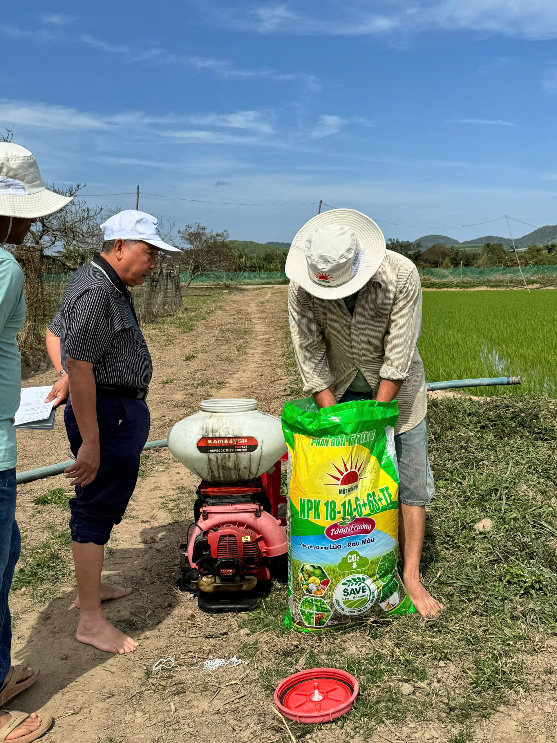 Người dân dùng máy để bón phân cho cây lúa