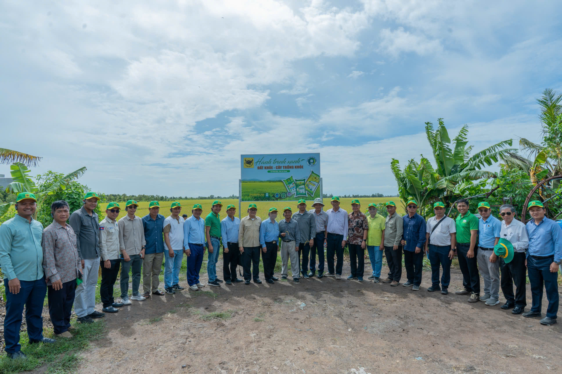Đại biểu hai nước chụp hình lưu niệm tại ruộng mô hình “Hành trình xanh - Đất khoẻ, Cây trồng khoẻ” tại xã Vĩnh Điều, tỉnh An Giang ngày 28/8. Ảnh: BFC