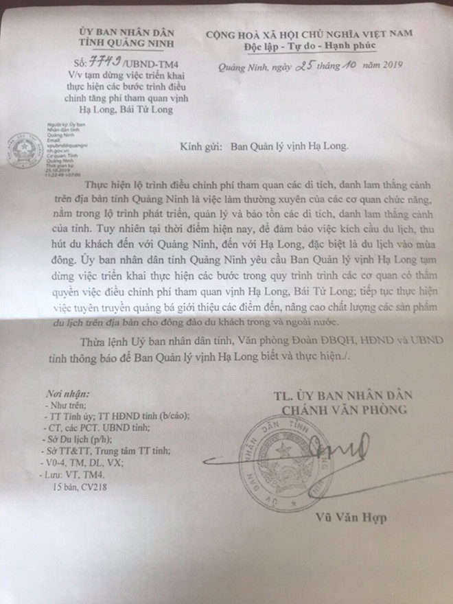 Văn bản Sở Du lịch tỉnh Quảng Ninh về việc tạm dừng tăng gái vé tham quan vịnh Hạ Long.