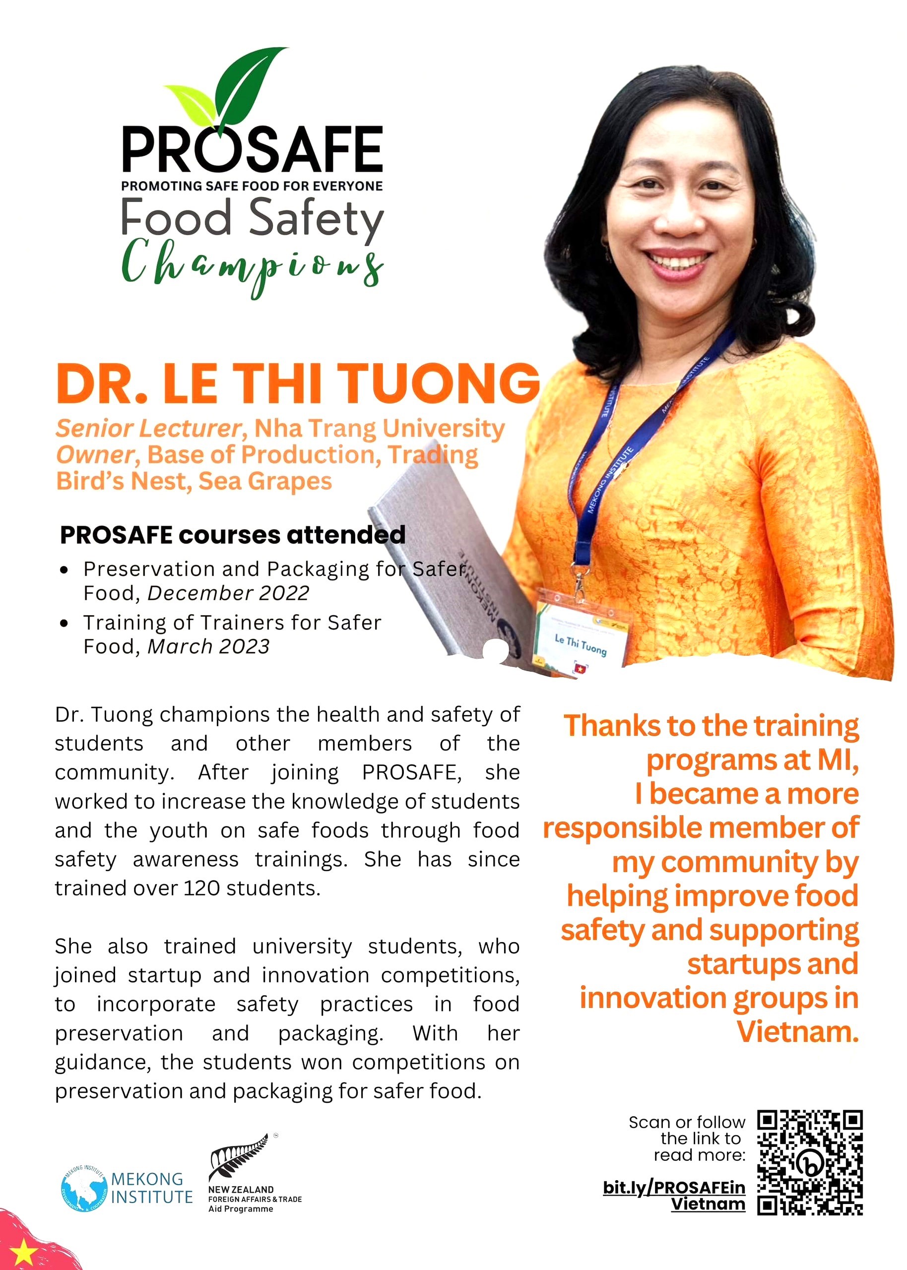 Dự án ProSafe, Viện Mekong Institute-ThaiLand (do New Zealand tài trợ ) đã ghi nhận những đóng góp cộng đồng của TS. Lê Thị Tưởng tại Việt Nam
