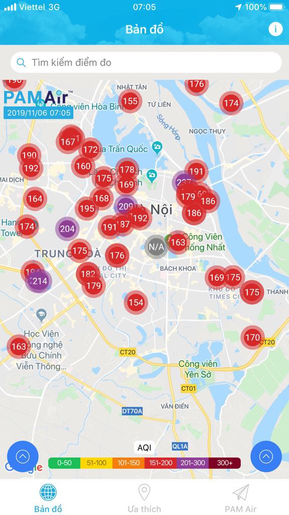 Hệ thống PAMAir ghi nhận ô nhiễm không khí ở Hà Nội vào sáng 6/11. 