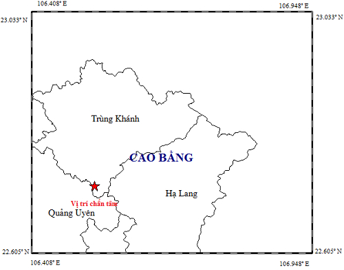   Vị trí xảy ra trận động đất 2,5 độ richter tại huyện Trùng Khánh, tỉnh Cao Bằng vào lúc 8h52 ngày 26-11 - Nguồn: Trung tâm báo tin động đất và cảnh báo sóng thần.  