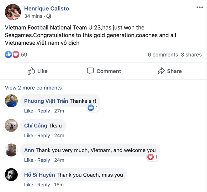 Calisto chúc mừng Đội tuyển Việt Nam.