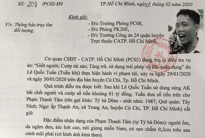Thông báo truy tìm Phạm Thanh Tâm. 