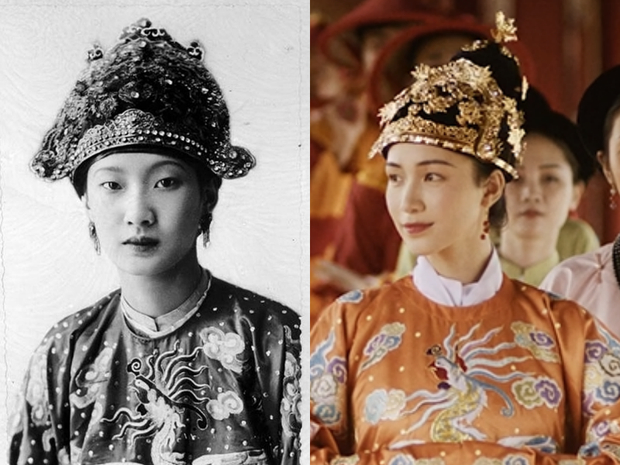 Hình ảnh Nam Phương Hoàng hậu trong lịch sử và qua phần tái hiện của Hoà Minzy. 