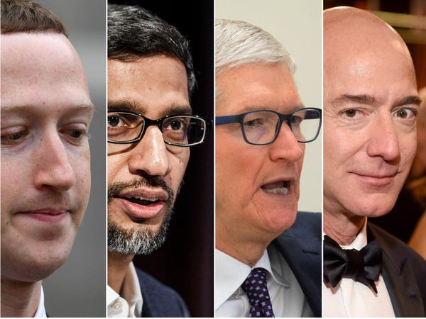 Tim Cook của Apple, Mark Zuckerberg của Facebook, Sundar Pichai của Google và Jeff Bezos của Amazon (Ảnh: 9to5Mac)