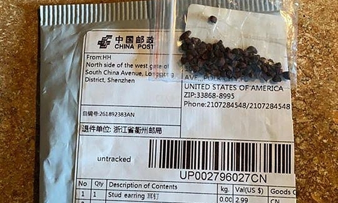   Bưu phẩm gồm các hạt giống lạ được gửi từ Thâm Quyến, Trung Quốc, tới một gia đình ở Florida, Mỹ. Ảnh: UPI.  
