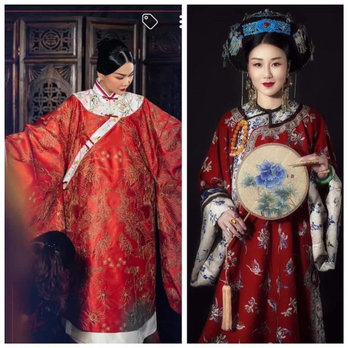   Chiếc áo khoác Thanh Hằng mặc (trái) có kiểu dáng gây tranh cãi khi được cho là ảnh hưởng đậm trang phục Mãn Thanh (phải - ảnh phục dựng)  