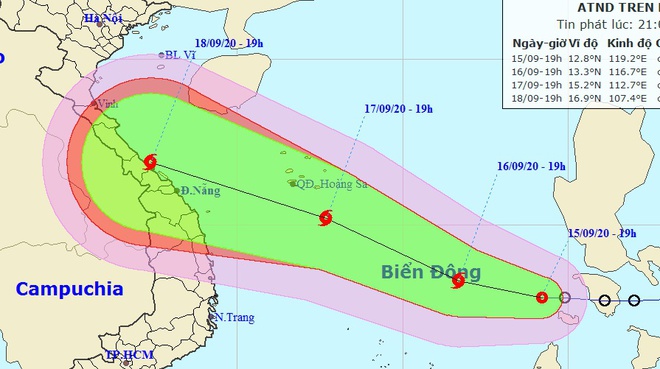 Dự báo đường đi của áp thấp nhiệt đới trên Biển Đông trong những giờ tới. Ảnh: NCHMF.
