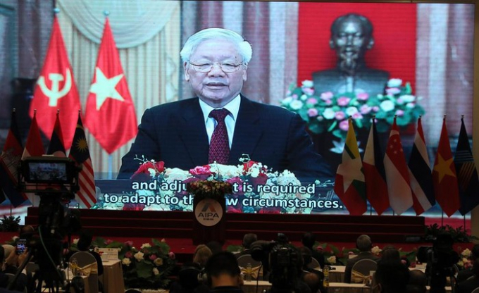   Tổng bí thư, Chủ tịch nước Nguyễn Phú Trọng phát biểu trực tuyến chào mừng AIPA 41. Ảnh: Quang Vinh.  