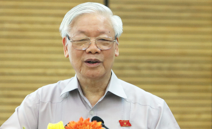   Tổng bí thư Chủ tịch nước Nguyễn Phú Trọng phát biểu tại buổi tiếp xúc cử tri sáng 14/10. Ảnh: Võ Hải.  