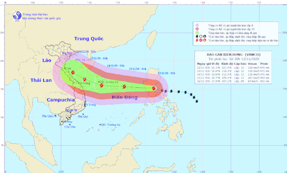 Dự báo hướng di chuyển của bão Vamco khi đi vào Biển Đông - Ảnh: Trung tâm Dự báo KTTV quốc gia