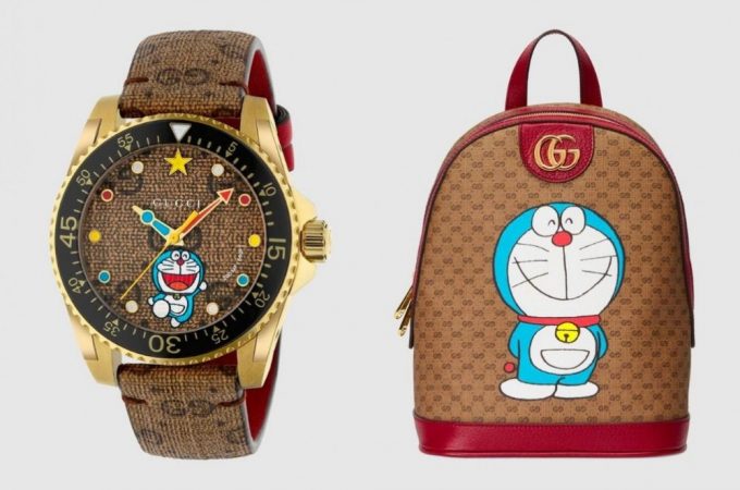 Balo, đồng hồ đắt tiền của Gucci kết hợp với hình ảnh chú mèo máy Doraemon