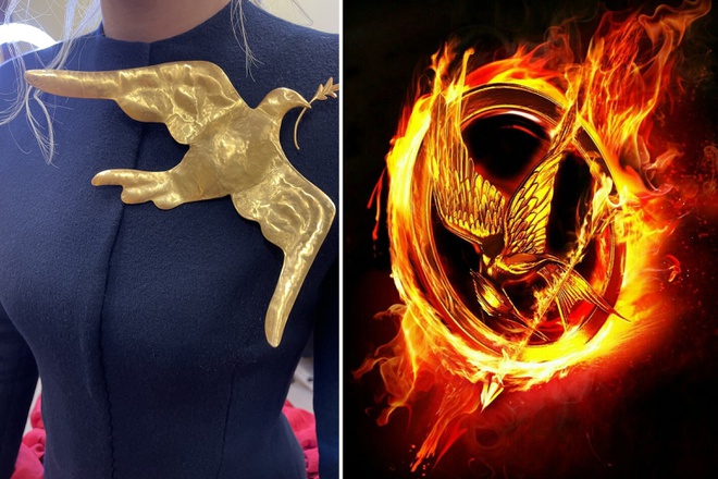           Hình ảnh chiếc cài áo được Lady Gaga đăng trên Twitter (trái) và biểu tượng chim húng nhại của The Hunger Games (phải). Ảnh: Twitter.          