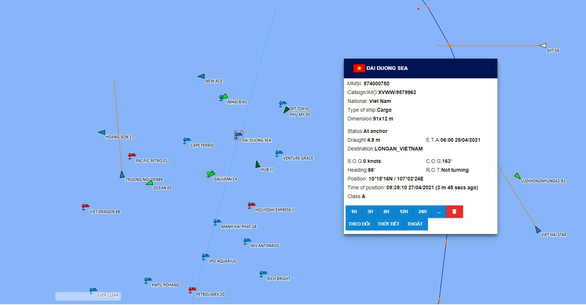   Vị trí tàu Dai Duong Sea đang neo đậu ở biển Vũng Tàu thể hiện trên hải đồ  