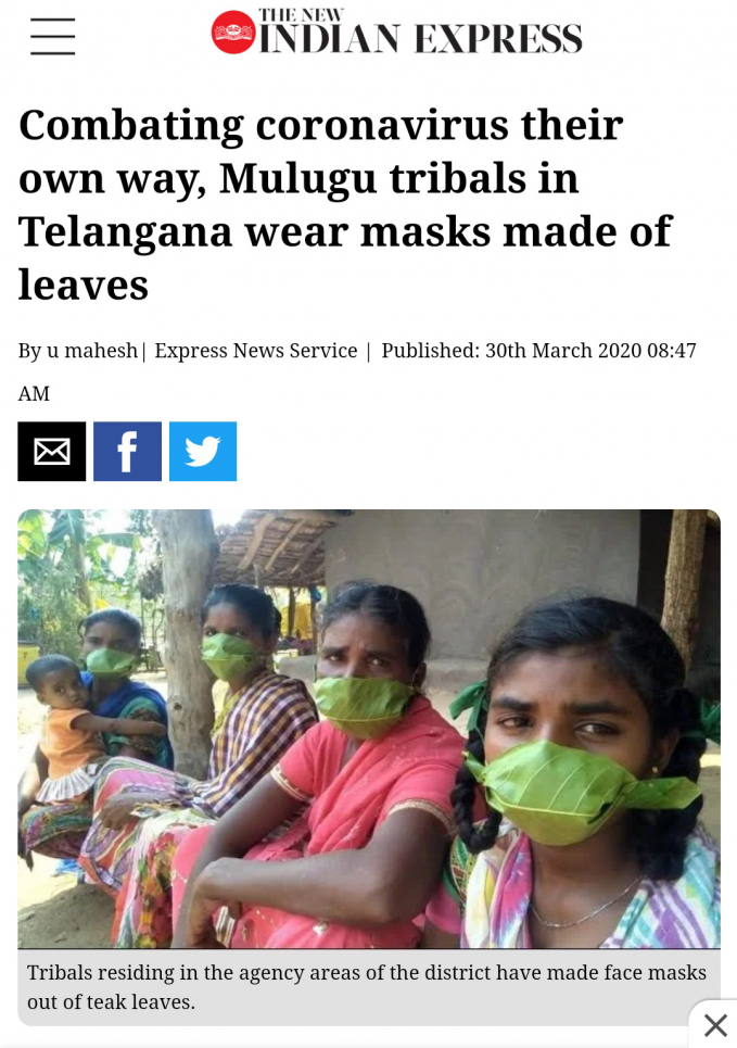Hình chụp tin về người Mulugu ở Telangana, Ấn Độ đeo khẩu trang lá đăng trên Indian Express vào tháng 3.2020