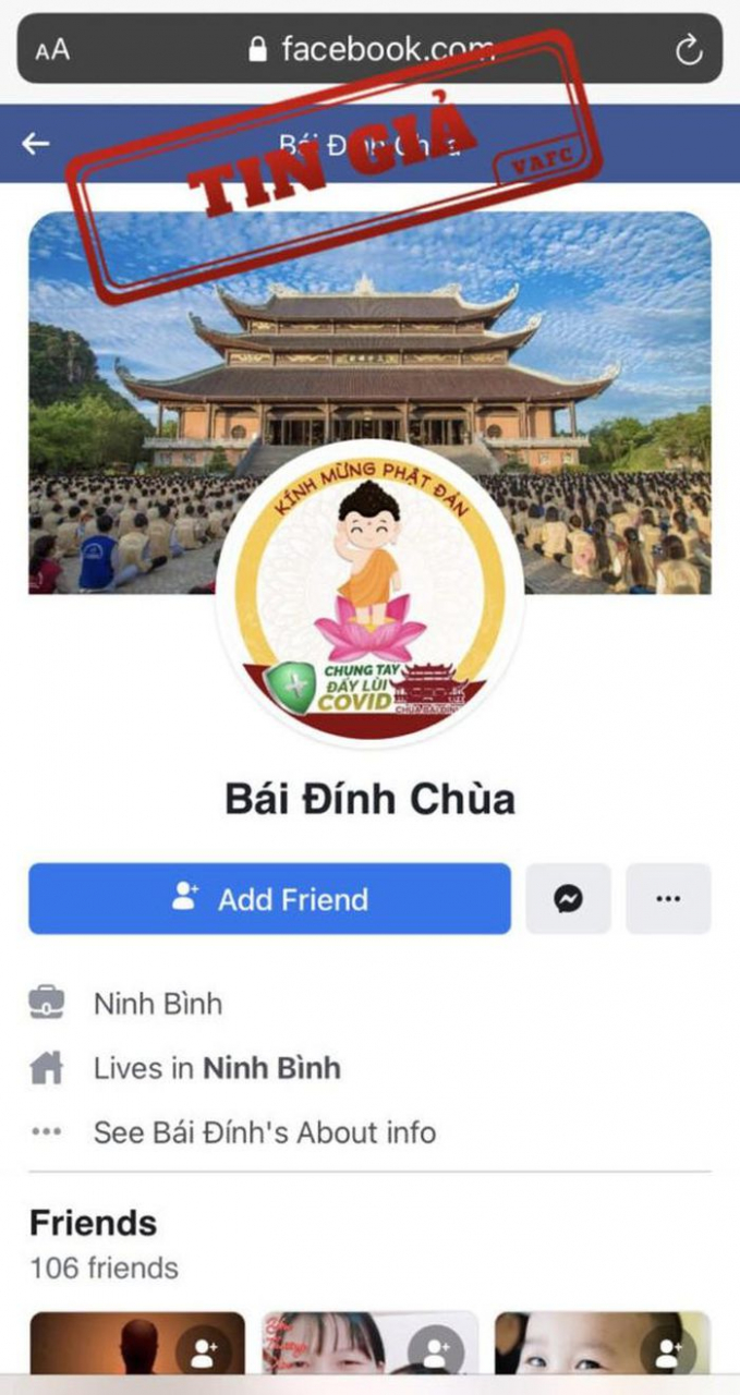 Tài khoản Facebook giả mạo chùa Bái Đính để kêu gọi quyên góp