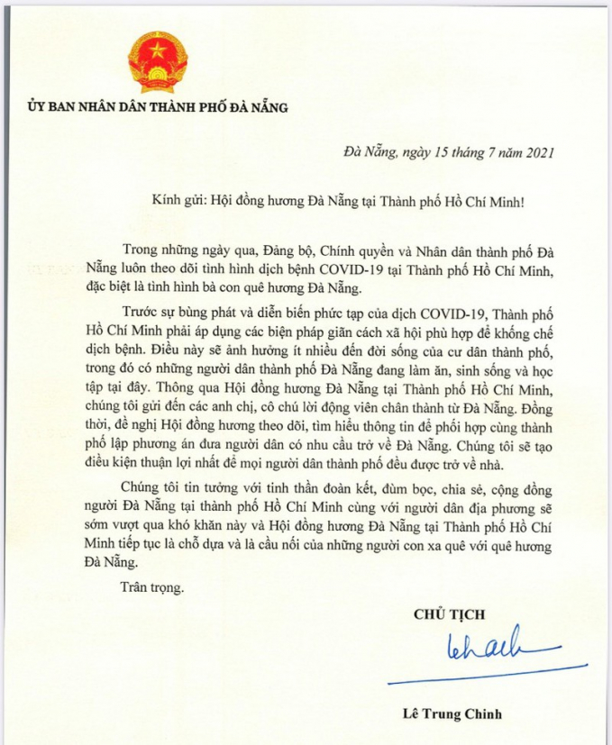   Bức thư ông Lê Trung Chinh ký gửi Hội đồng hương Đà Nẵng tại TP.HCM ngày 15-7 - Ảnh: N.T.  