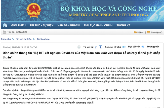 Bản tin đính chính việc kit xét nghiệm của Công ty Việt Á được WHO chấp thuận đăng trên Cổng thông tin điện tử Bộ KH&CN.