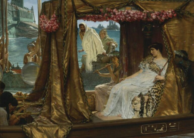 Trong bức tranh vào thế kỷ 19, Cleopatra ngồi trên thuyền, gây ấn tượng khi gặp Mark Antony ở Tarsus. Ảnh: Wikimedia Commons