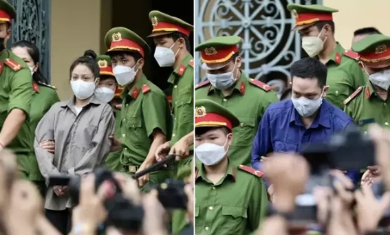 Nguyễn Võ Quỳnh Trang và Nguyễn Kim Trung Thái tại phiên tòa sáng 21/7.