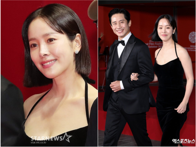 Nữ diễn viên Han Ji Min bất ngờ để tóc ngắn, sánh vai tài tử Shin Ha Kyun trên thảm đỏ.