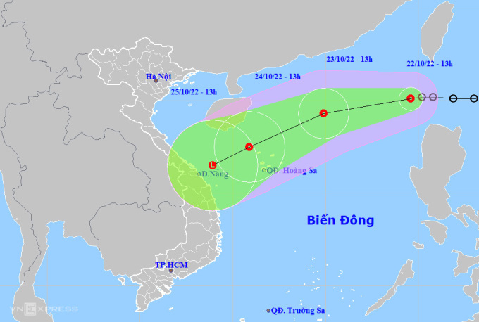   Dự báo đường đi và khu vực ảnh hưởng của áp thấp nhiệt đới lúc 13h ngày 22/10. Ảnh: NCHMF  