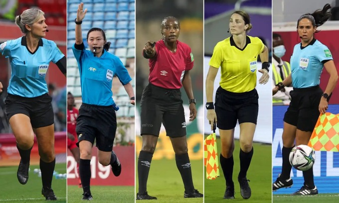   Các trọng tài (từ trái qua) Neuza Back, Yoshimi Yamashita, Salima Mukansanga, Kathryn Nesbitt và Karen Díaz Medina sẽ tham gia điều khiển các trận đấu tại World Cup 2022. Ảnh: Guardian  