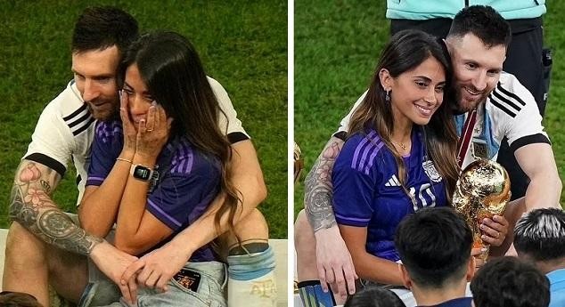 Antonela Roccuzzo không giấu được những giọt nước mắt hạnh phúc. Khoảnh khắc Messi ôm vợ vào lòng dỗ dành khiến đông đảo cư dân mạng xuýt xoa
