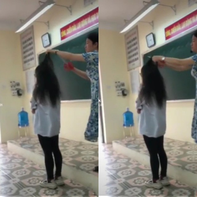   Clip một học sinh bị cô giáo cầm kéo cắt tóc trên bục giảng ở Vĩnh Phúc - (ảnh cắt từ clip).  