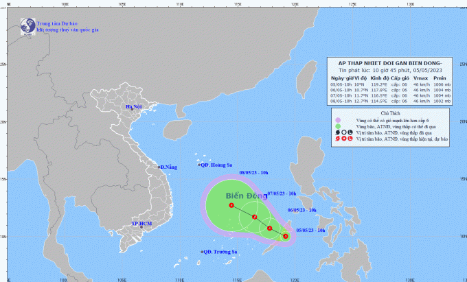   Dự báo hướng di chuyển và vị trí áp thấp nhiệt đới gần Biển Đông, ngày 5-5  