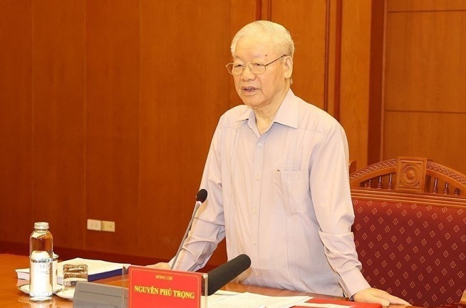   Tổng bí thư Nguyễn Phú Trọng chủ trì họp thường trực Ban chỉ đạo Trung ương về phòng chống tham nhũng, tiêu cực, sáng 10/5. Ảnh: TTXVN  