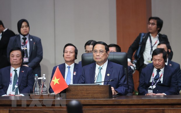 Thủ tướng Phạm Minh Chính phát biểu tại Hội nghị Cấp cao ASEAN-Ấn Độ lần thứ 20. (Ảnh: Dương Giang/TTXVN)