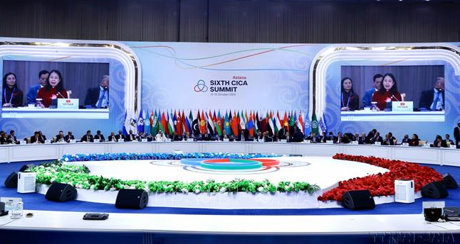 Phó Chủ tịch nước Võ Thị Ánh Xuân phát biểu tại Hội nghị thượng đỉnh về phối hợp hành động và xây dựng niềm tin ở châu Á (CICA) lần thứ 6 do Kazakhstan tổ chức từ 12-14/10/2022. Ảnh: Lâm Khánh/TTXVN